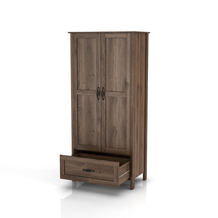 Left-angled tall wardrobe cabinet with one open drawer and two doors in a medium distressed walnut finish on a white background