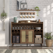 Front-facing view of mid-century modern distressed walnut buffet cabinet with faux rattan doors in dining room with plates and accessories