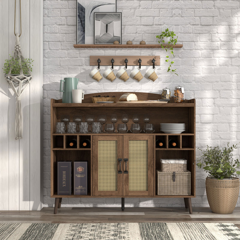 Front-facing view of mid-century modern distressed walnut buffet cabinet with faux rattan doors in dining room with plates and accessories