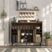 Front-facing view of mid-century modern distressed walnut buffet cabinet with opened faux rattan doors in dining room with plates and accessories