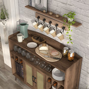 Right-angled top view of mid-century modern distressed walnut buffet cabinet with faux rattan doors in dining room with plates and accessories