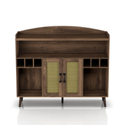Front-facing view of mid-century modern distressed walnut buffet cabinet with faux rattan doors and open shelves on white background