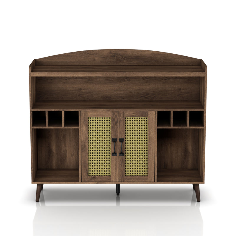 Front-facing view of mid-century modern distressed walnut buffet cabinet with faux rattan doors and open shelves on white background