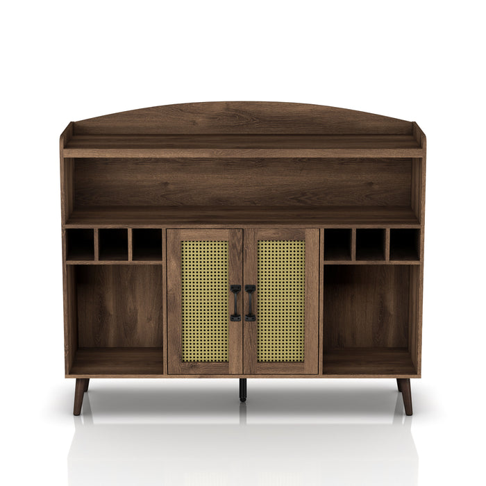 Front-facing view of mid-century modern distressed walnut buffet cabinet with faux rattan doors and open shelves on white background