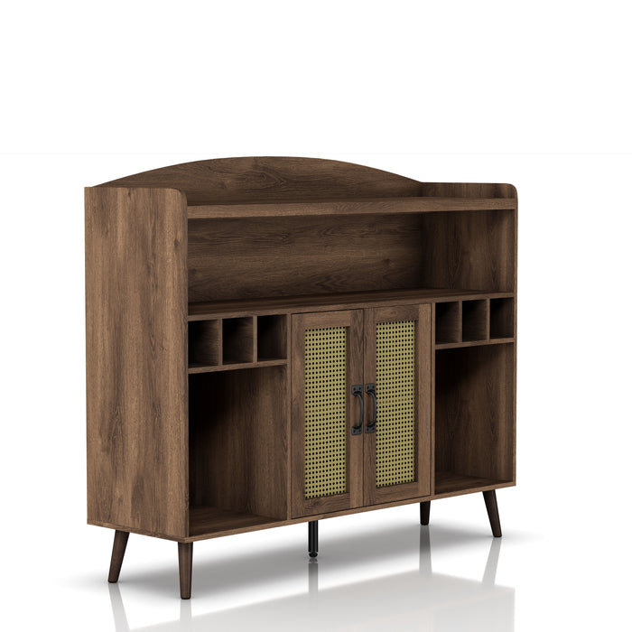 Right angled view of mid-century modern distressed walnut buffet cabinet with faux rattan doors and open shelves on white background