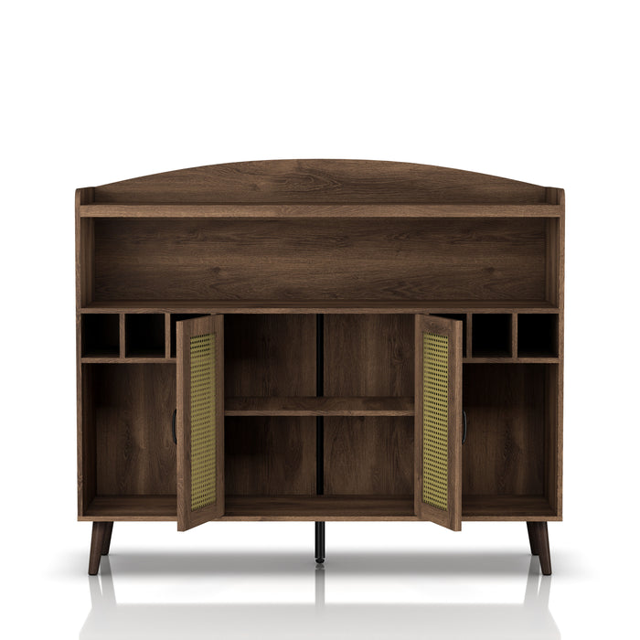 Front-facing view of mid-century modern distressed walnut buffet cabinet with opened faux rattan doors revealing interior shelves on white background