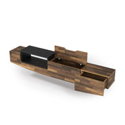 Left-angled light hickory wall-mountable TV console against a white background. A lift-top storage compartment and open drawer reveal the consoles multi-functionality.