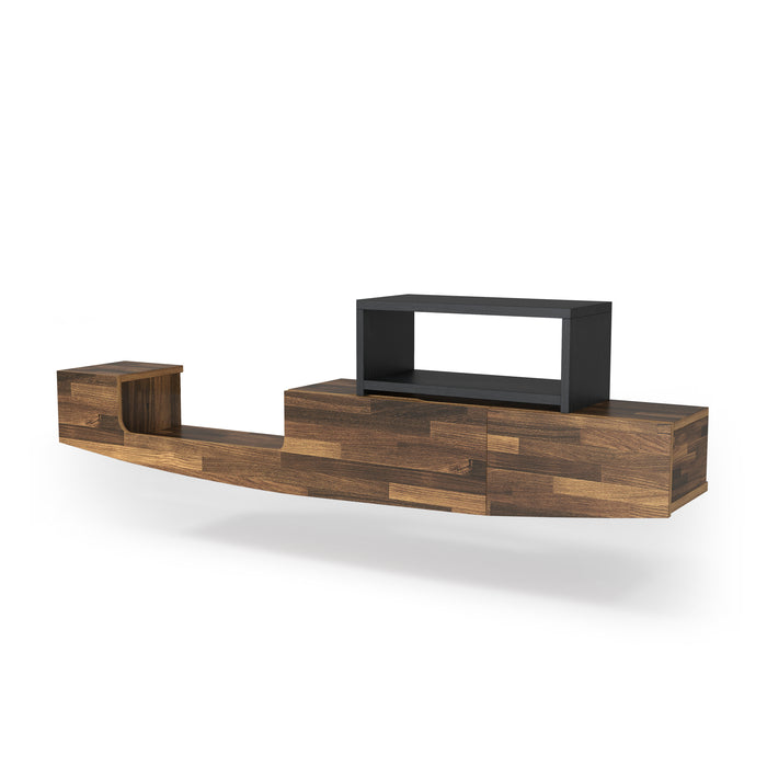 Left-angled light hickory wall-mountable TV console against a white background. The black shelf is removed from its insert.