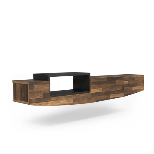 Right-angled light hickory wall-mountable TV console against a white background. The tiered design features a black shelf insert and a rounded bottom.