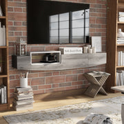 Right-angled vintage grey oak wall-mounted TV console in a living room. A TV is mounted just above the console.