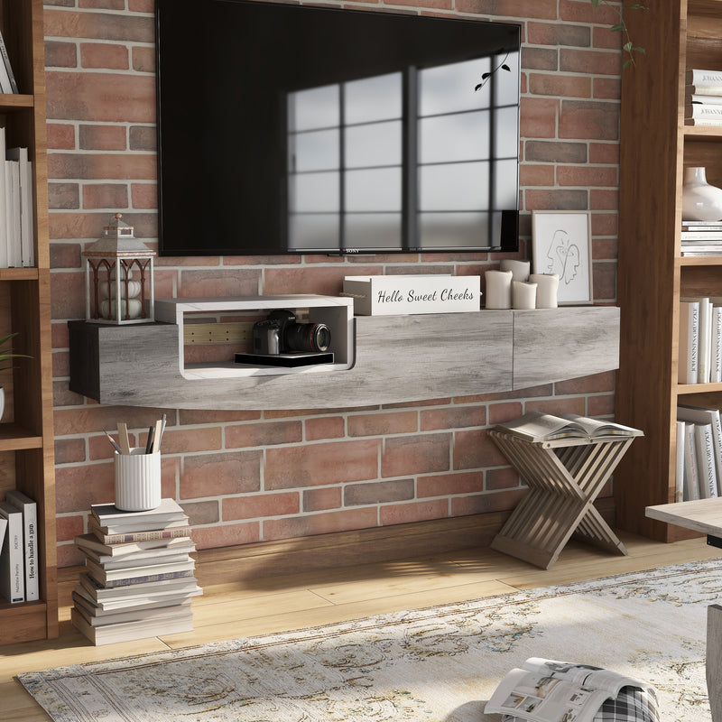 Right-angled vintage grey oak wall-mounted TV console in a living room. A TV is mounted just above the console.