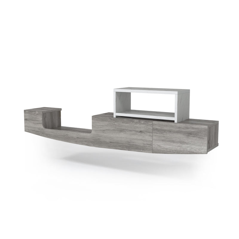 Left-angled vintage grey oak wall-mountable TV console against a white background. The marble-like shelf is removed from its insert.