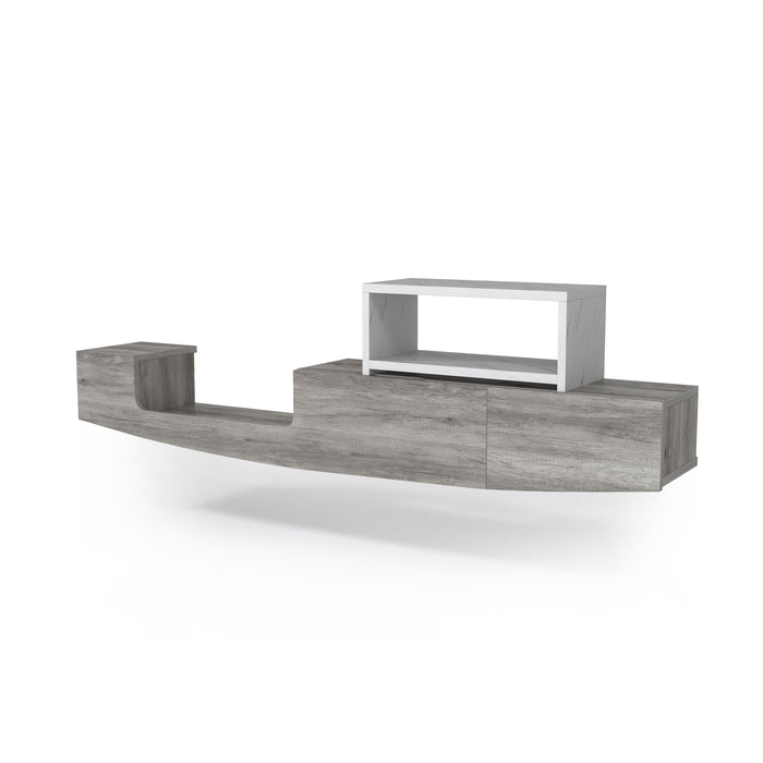 Left-angled vintage grey oak wall-mountable TV console against a white background. The marble-like shelf is removed from its insert.