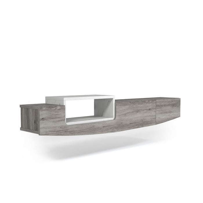 Right-angled vintage grey oak wall-mountable TV console against a white background. The tiered design features a marble-like shelf insert and a rounded bottom.