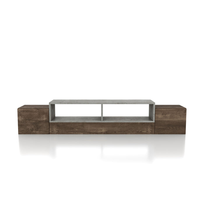 Front-facing reclaimed oak wall-mountable TV console against a white background. The tiered design features a cement-like split-shelf insert.