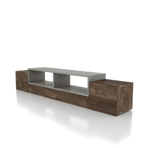 Left-angled reclaimed oak wall-mountable TV console against a white background. The tiered design features a cement-like split-shelf insert.
