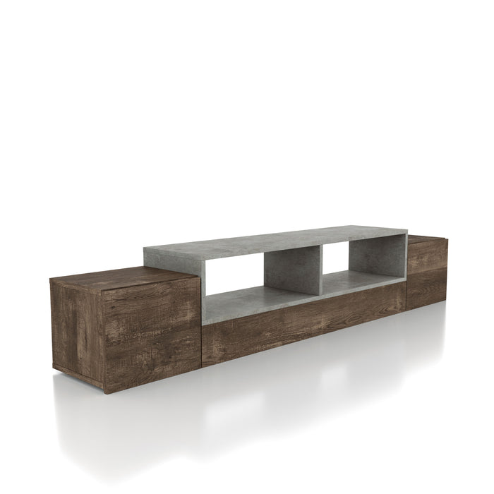 Right-angled reclaimed oak wall-mountable TV console against a white background. The tiered design features a cement-like split-shelf insert.