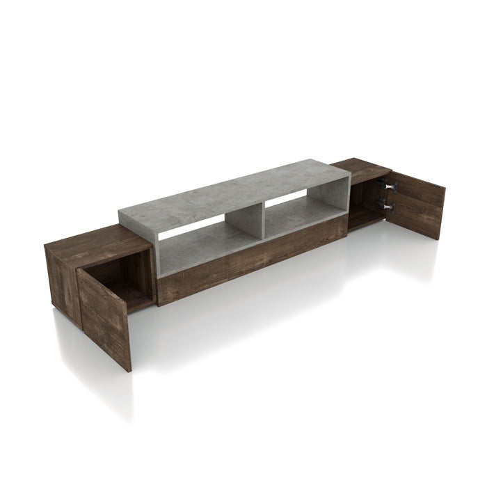 Right-angled reclaimed oak wall-mountable TV console against a white background. The tiered design features a cement-like split-shelf insert. Two open cabinets flank either side of the console.