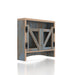 Right angled rustic distressed blue wall cabinet with metal mesh doors on a white background