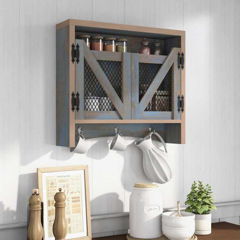 Right angled rustic distressed blue wall cabinet with metal mesh doors in a kitchen with accessories
