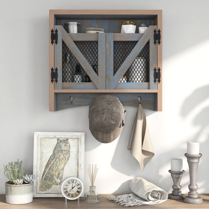 Front-facing rustic distressed blue wall cabinet with metal mesh doors in a living area with accessories