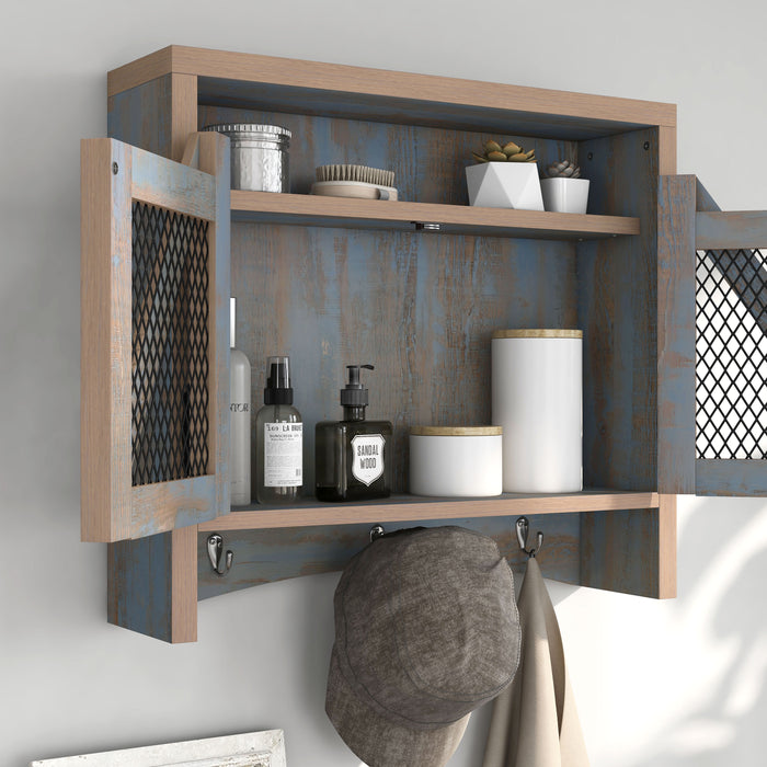 Right angled rustic distressed blue wall cabinet with metal mesh doors open in a living area with accessories