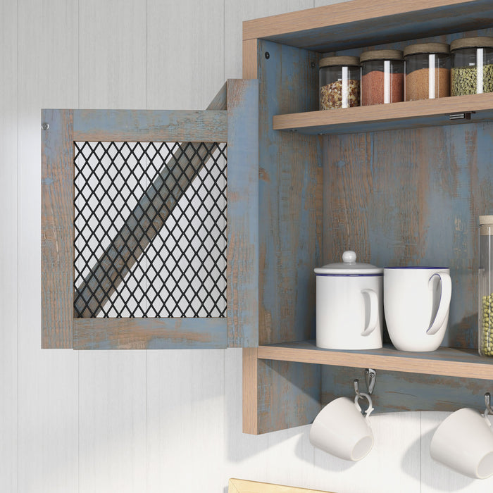 Left angled close up rustic distressed blue wall cabinet metal mesh door detail on a white background