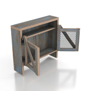 Right angled top view rustic distressed blue wall cabinet with metal mesh doors open on a white background
