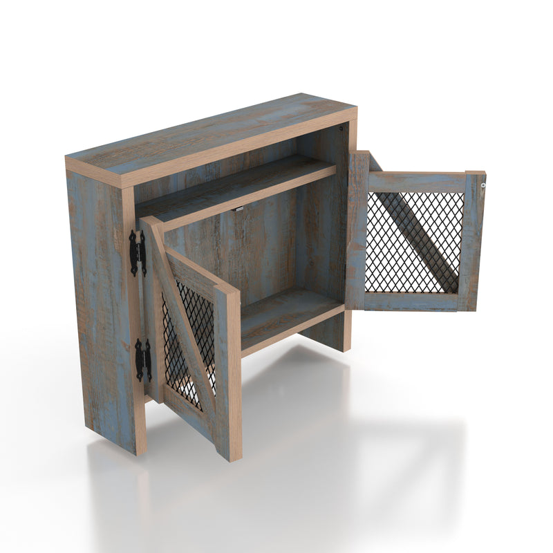 Right angled top view rustic distressed blue wall cabinet with metal mesh doors open on a white background