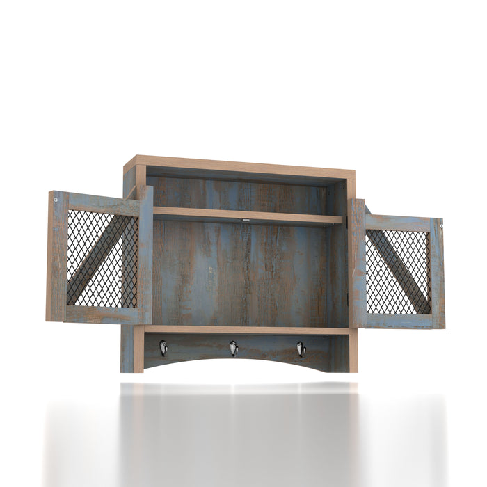 Right angled rustic distressed blue wall cabinet with metal mesh doors open on a white background