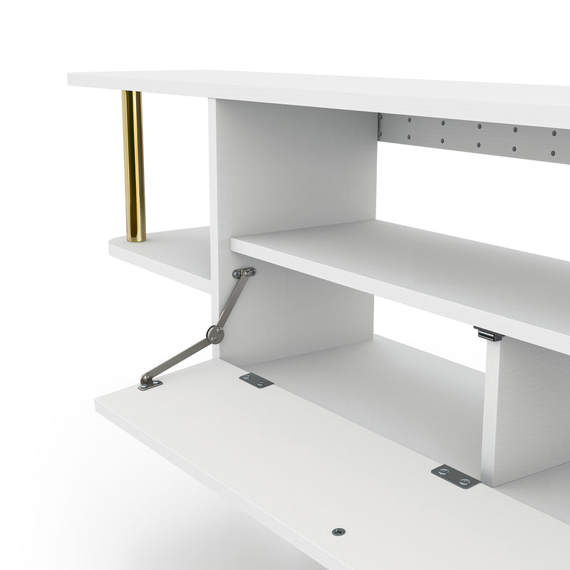 Left angled close-up view of a modern white floating TV console with three shelves and cabinet open on a white background