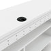 Right angled back view close-up of a modern white floating TV console and its cord management opening on a white background