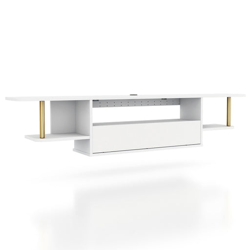 Right angled modern white floating TV console with three shelves on a white background