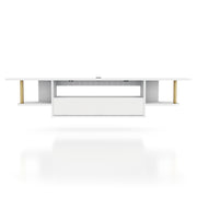Front-facing modern white floating TV console with three shelves on a white background