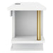 Front-facing side view of a modern white floating TV console with gold accents on a white background
