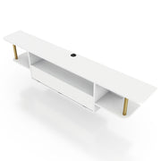 Left angled bird's eye view of a modern white floating TV console with three shelves on a white background