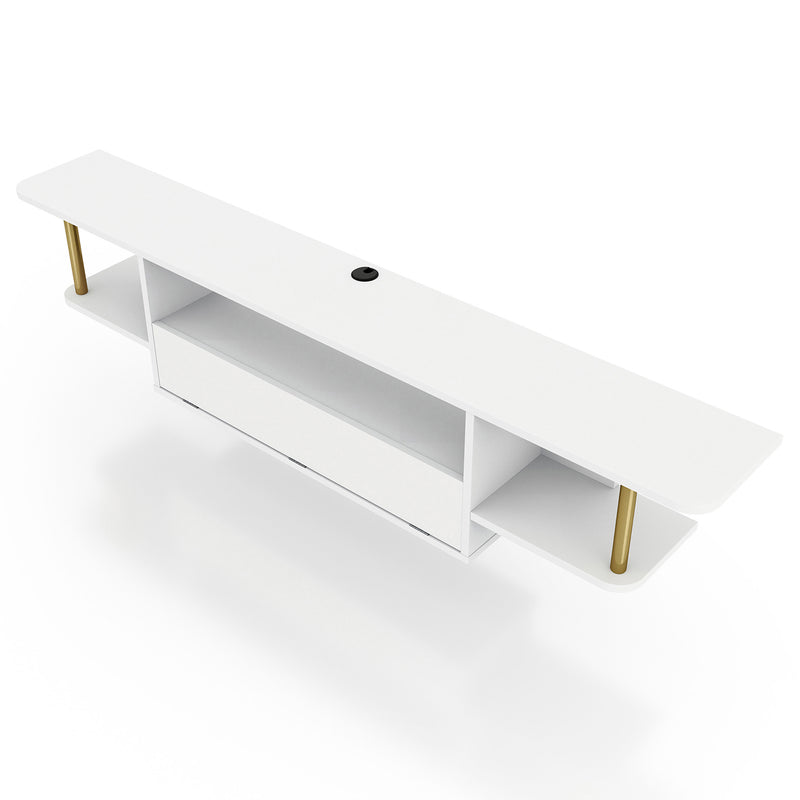 Left angled bird's eye view of a modern white floating TV console with three shelves on a white background