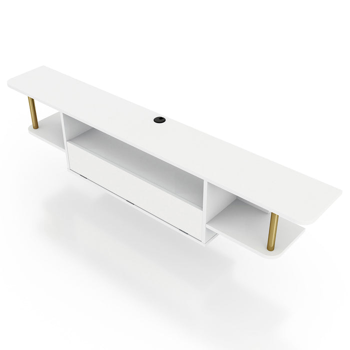Left angled bird's eye view of a modern white floating TV console with three shelves on a white background