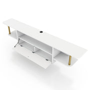 Left angled bird's eye view of a modern white floating TV console with three shelves and cabinet open on a white background