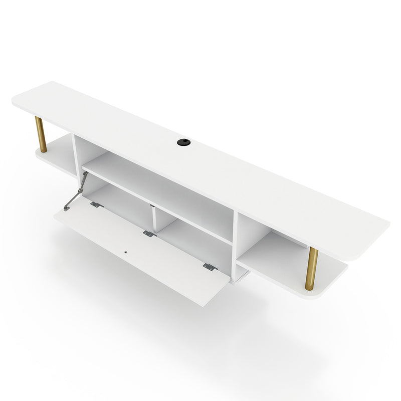 Left angled bird's eye view of a modern white floating TV console with three shelves and cabinet open on a white background