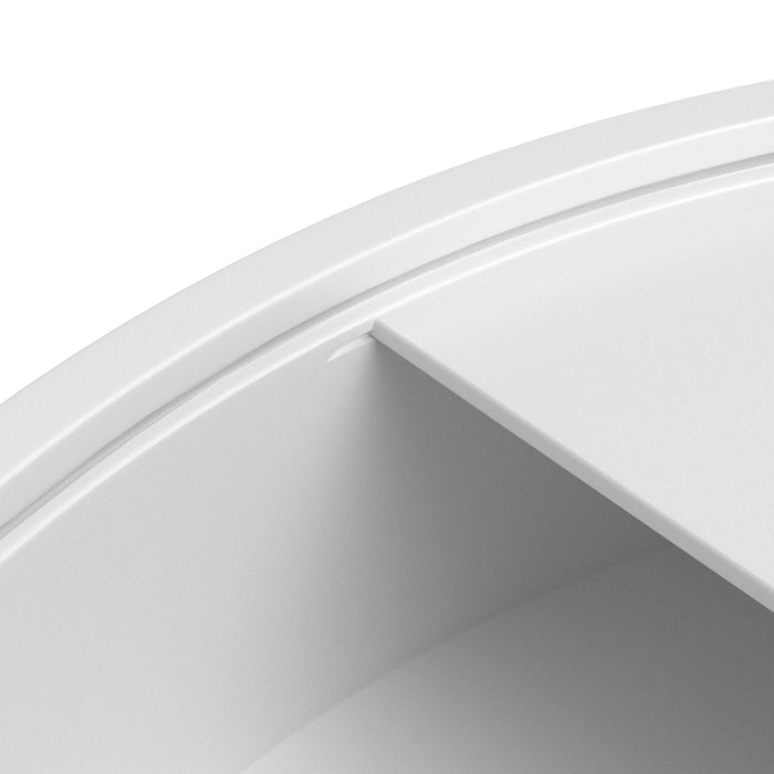 Close-up of sliding top on a modern round white storage coffee table on a white background