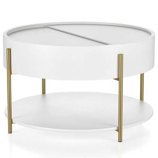 Angled modern round white storage coffee table with a sliding top on a white background