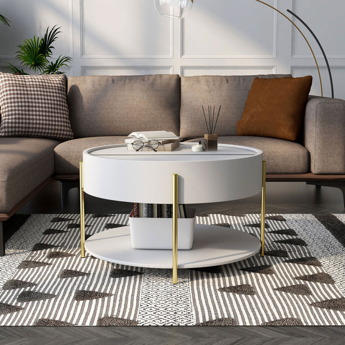 Front-facing modern round white storage coffee table with a sliding top in a living area with accessories