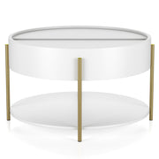 Front-facing modern round white storage coffee table with a sliding top on a white background