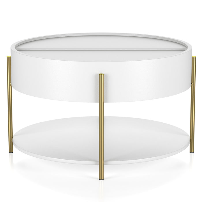 Front-facing modern round white storage coffee table with a sliding top on a white background