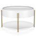 Front-facing modern round white storage coffee table with a sliding top on a white background