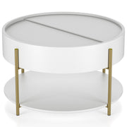 Front-facing slight upper view of a modern round white storage coffee table with a sliding top on a white background