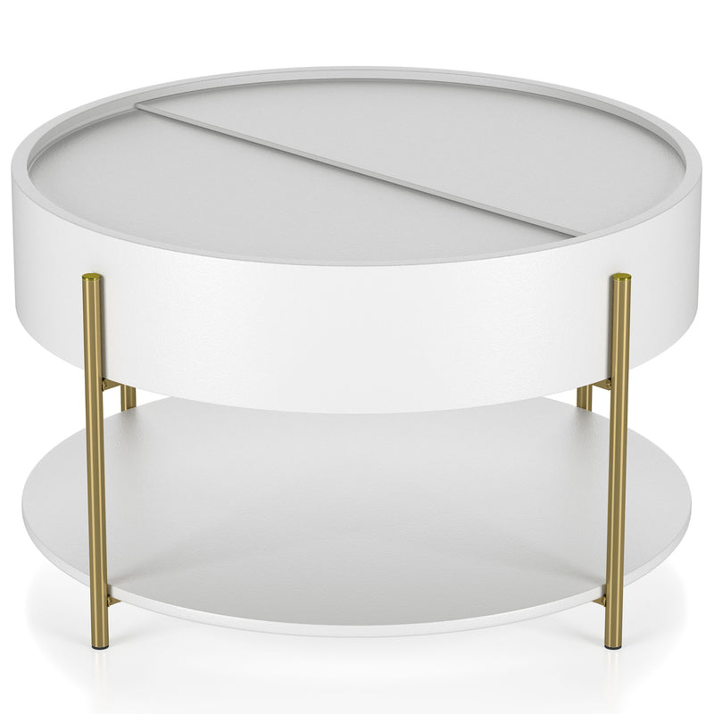Front-facing slight upper view of a modern round white storage coffee table with a sliding top on a white background