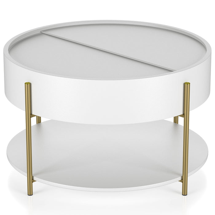 Front-facing slight upper view of a modern round white storage coffee table with a sliding top on a white background