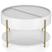 Front-facing slight upper view of a modern round white storage coffee table with a sliding top on a white background